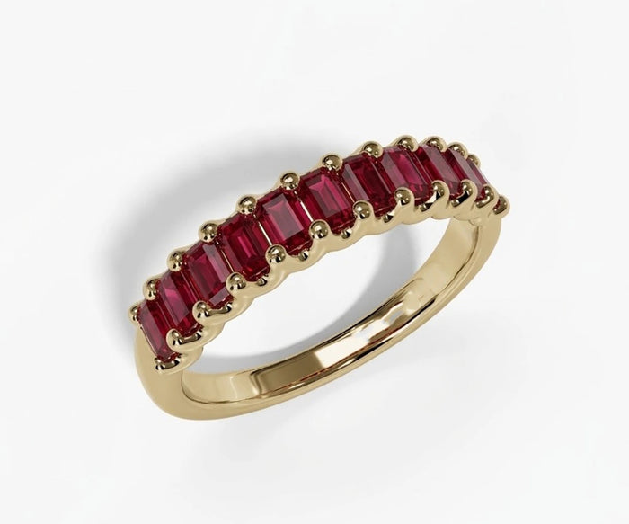 Baguette cut lab ruby ring in gold vermeil with red gemstone eternity band