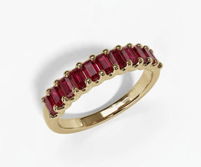 Baguette cut lab ruby ring in gold vermeil with red gemstone eternity band