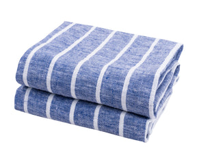 Set of 2 blue striped linen kitchen towels, 18x28 inches – absorbent quick-dry dish towels for farmhouse or modern kitchens.