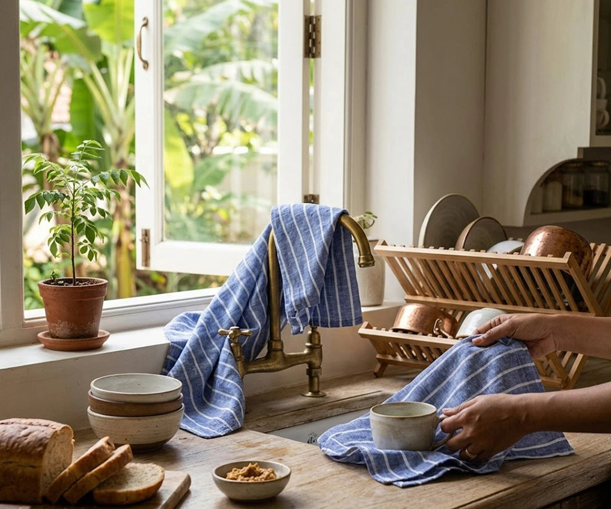 Blue striped linen kitchen towels set of 2 absorbent reusable hand towels for farmhouse and modern kitchens