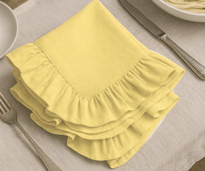 Lemon yellow cotton ruffle edge cloth napkins, soft and reusable dinner napkins for weddings, parties, family gatherings, and farmhouse table décor.