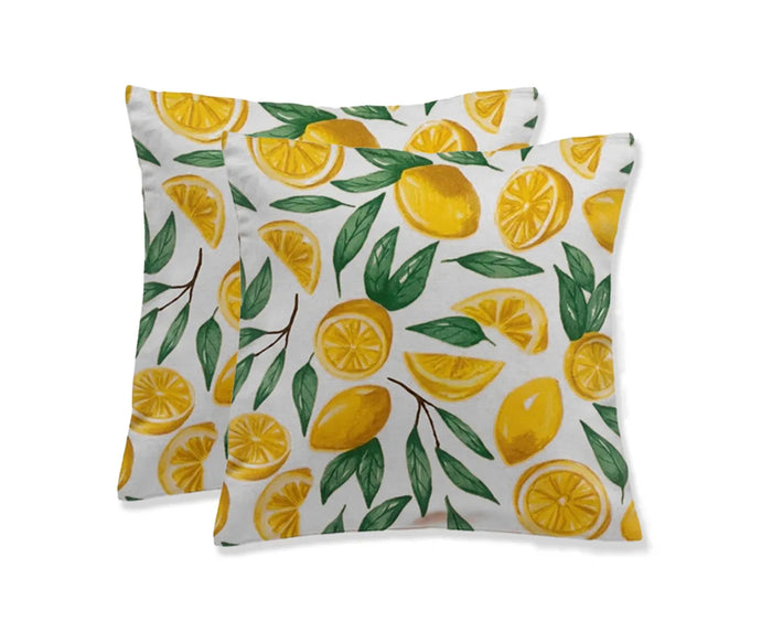 Lemon print cotton cushion cover with yellow lemons and green leaves