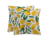 Lemon print cotton cushion cover with yellow lemons and green leaves