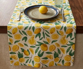 Lemon yellow printed table runner crafted from 100% cotton, decorative table linen perfect for farmhouse tables, summer dining, kitchen décor, and seasonal gatherings.