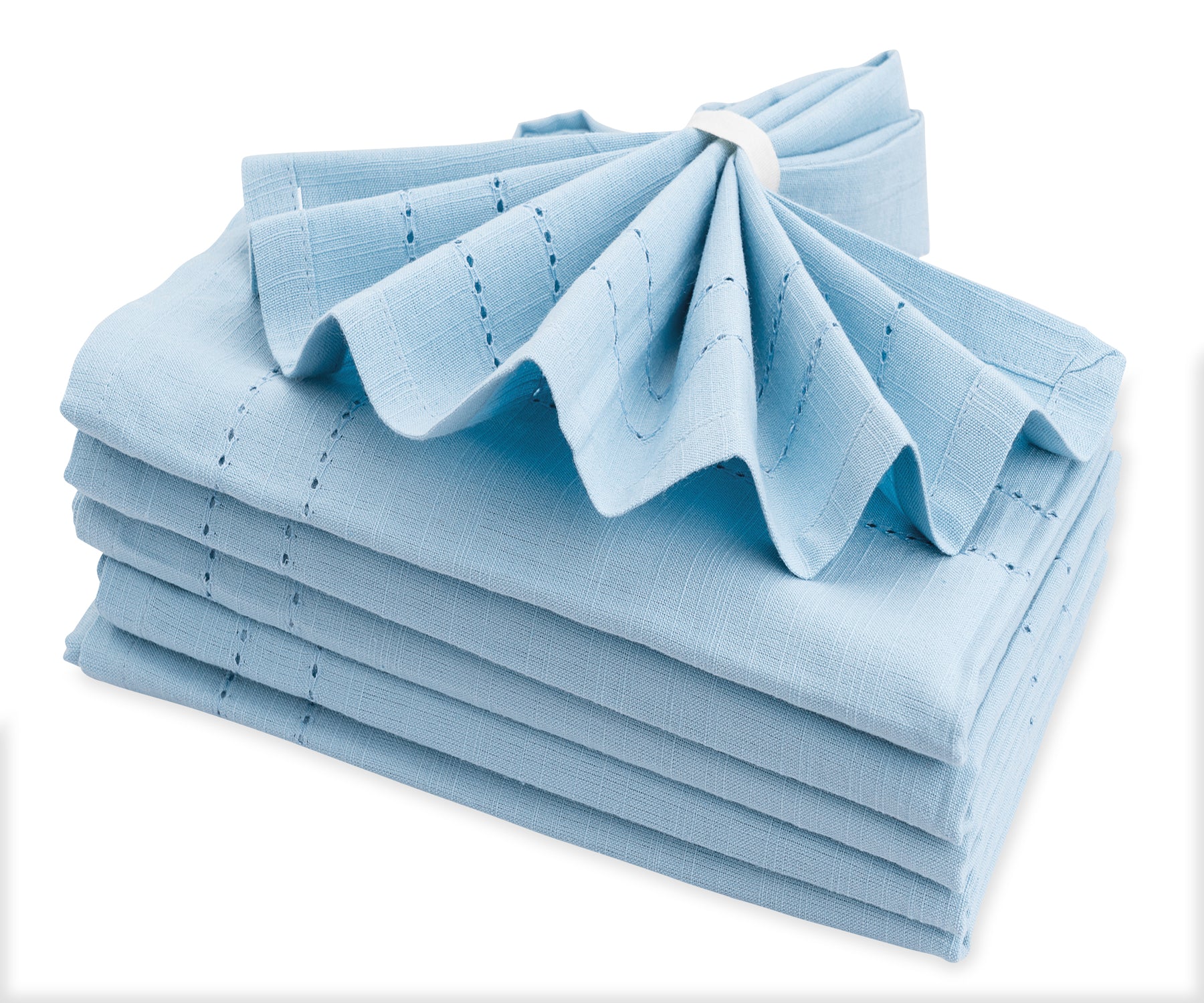 Pile of blue cloth dinner napkins neatly folded