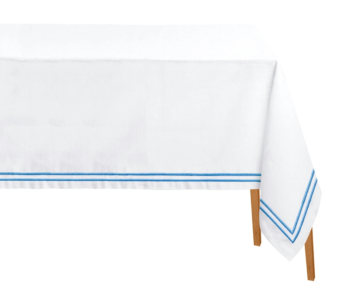 Elegant light blue embroidered tablecloth rectangle made from 100% cotton, perfect for weddings, festive dining, and everyday use.