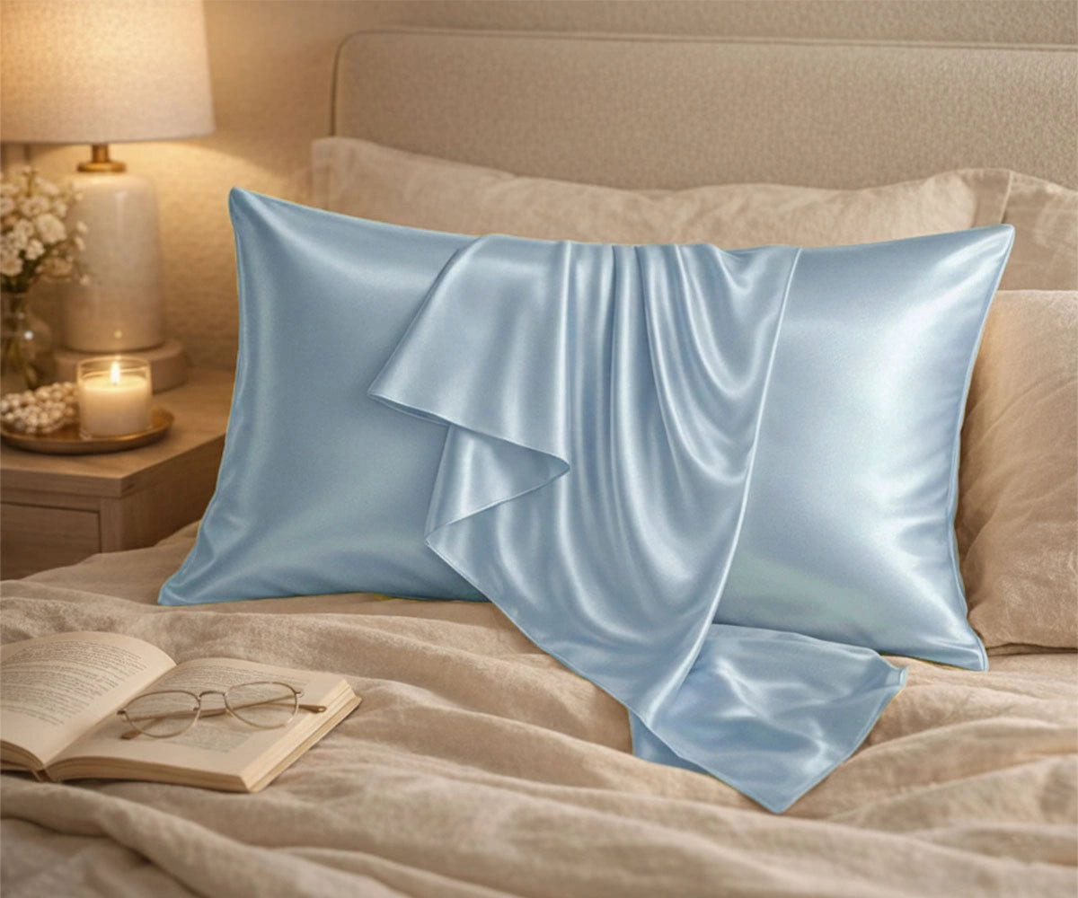 Light blue 100% Mulberry silk pillowcase set, cooling silk pillow cover for sensitive skin and polished morning hair