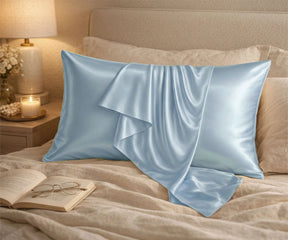 Light blue 100% Mulberry silk pillowcase set, cooling silk pillow cover for sensitive skin and polished morning hair