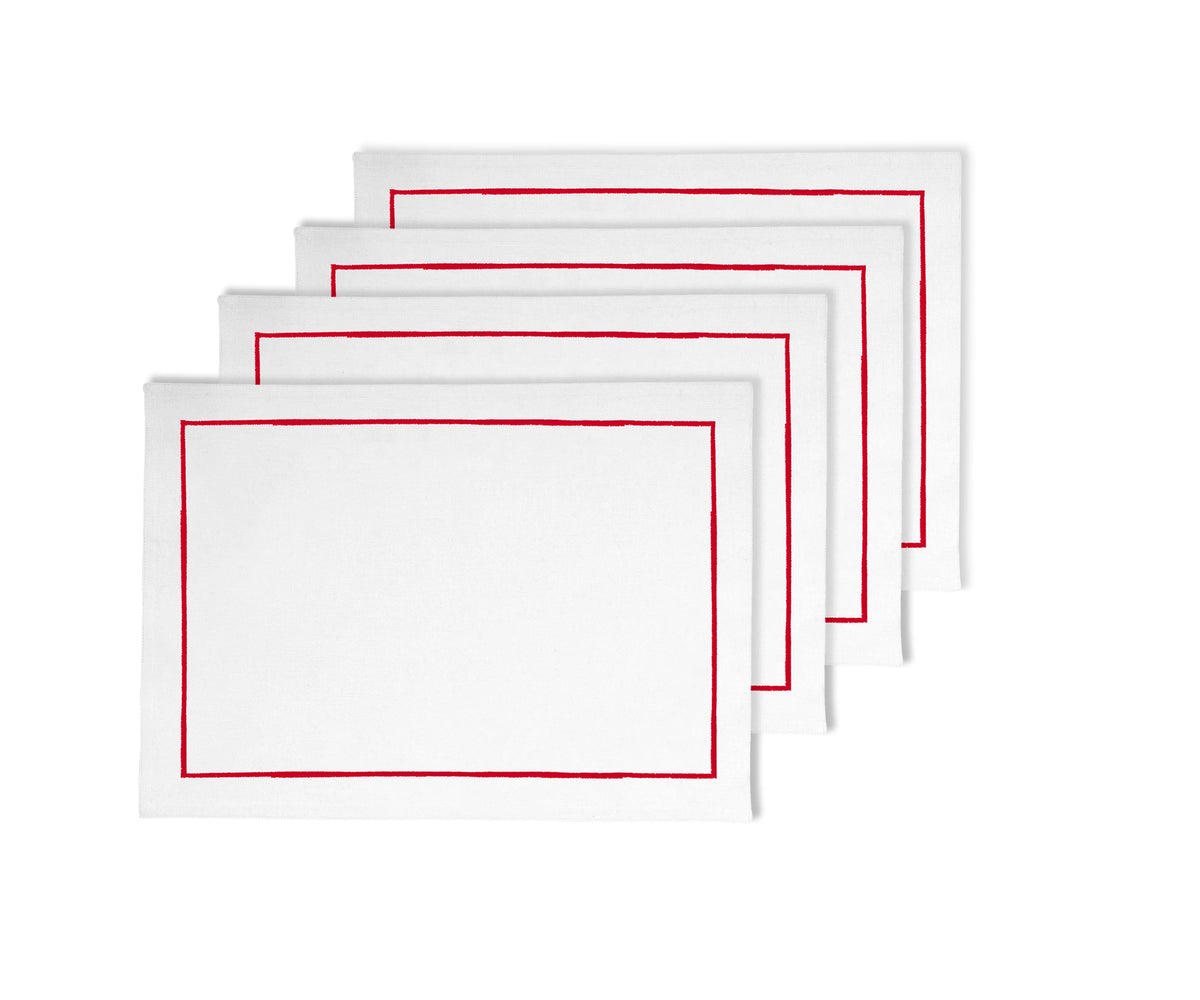 Elegant red cotton placemats with fine embroidery, sized 13x18 inches, perfect for protecting surfaces and enhancing table decor—available in sets of 4 or 8.