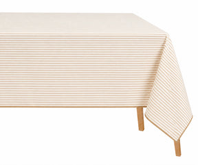 Natural Striped Linen Tablecloth for Rectangle Dining Table, Premium Linen Table Cover with Contrast Piped Edge, Rustic Farmhouse Table Linen for Everyday Dining and Special Occasions