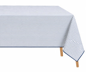 Blue Striped Linen Tablecloth for Rectangle Dining Table, Premium 100% Linen Tablecloth with Contrast Piped Edge, Coastal Farmhouse Table Linen for Kitchen and Dining Room