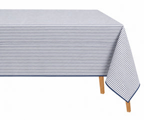 Navy Striped Linen Tablecloth for Rectangle Table, 100% Linen Dining Table Cover with Contrast Piping, Washable Farmhouse Tablecloth for Family Meals and Entertaining