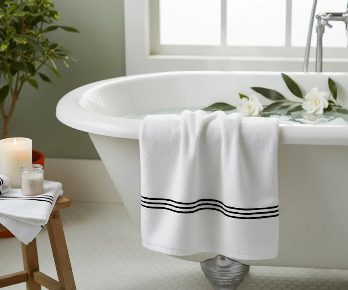 Soft cotton bath towel with white base and classic black stripe design, 30x58" (820 GSM), durable and quick-drying — stylish luxury towel for bathroom décor.