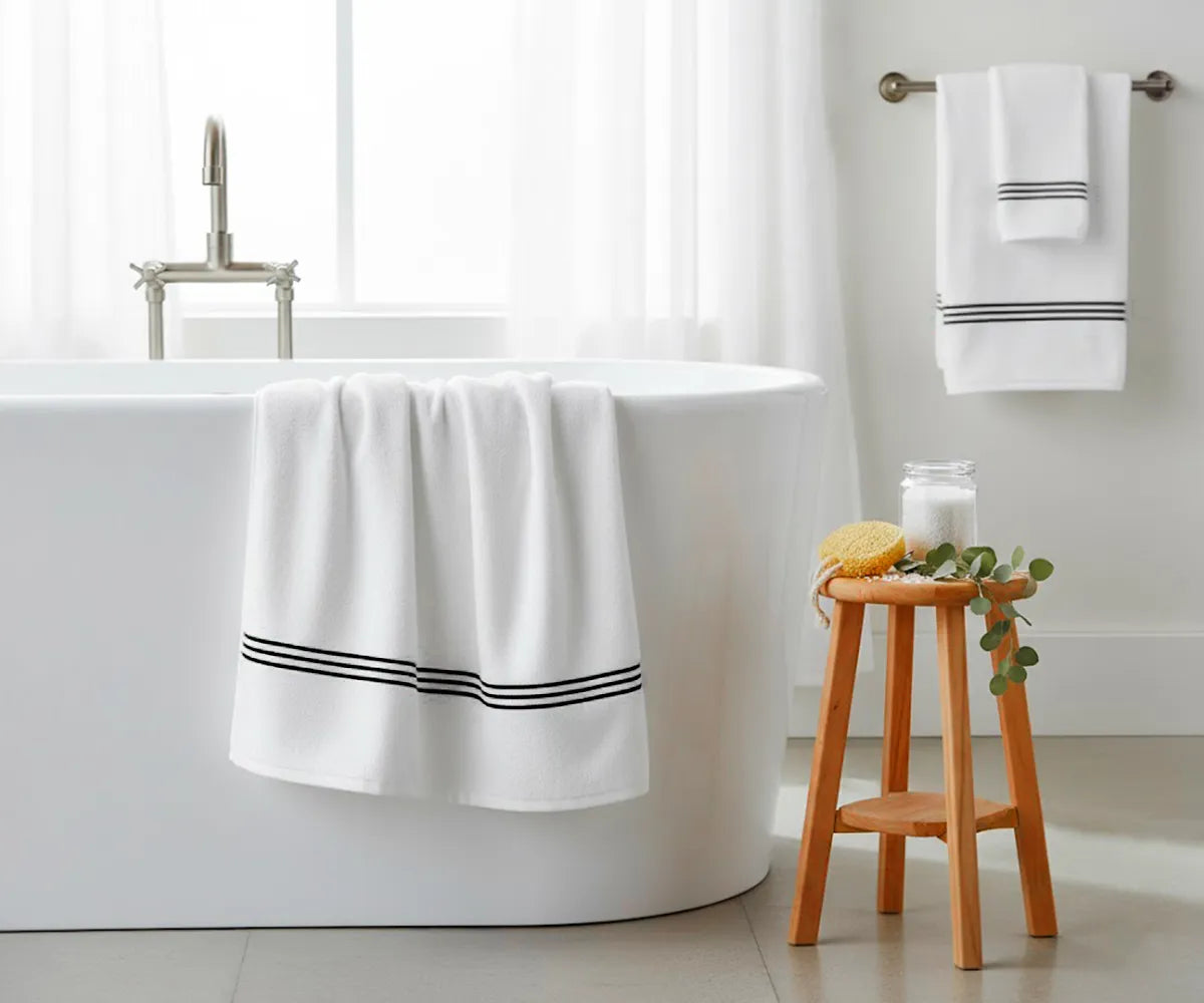 Premium striped cotton bath towel in white with black detailing, breathable and plush, available in multiple sizes for spa-quality luxury at home.