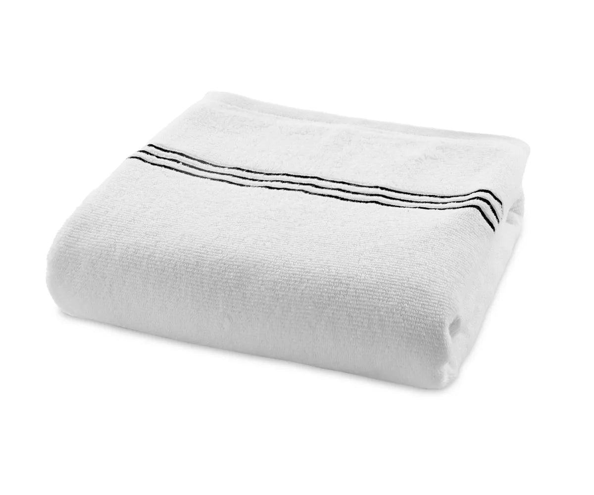 Elegant white bath towel with black embroidered stripes, crafted from 100% cotton for superior softness, high absorbency, and long-lasting comfort.