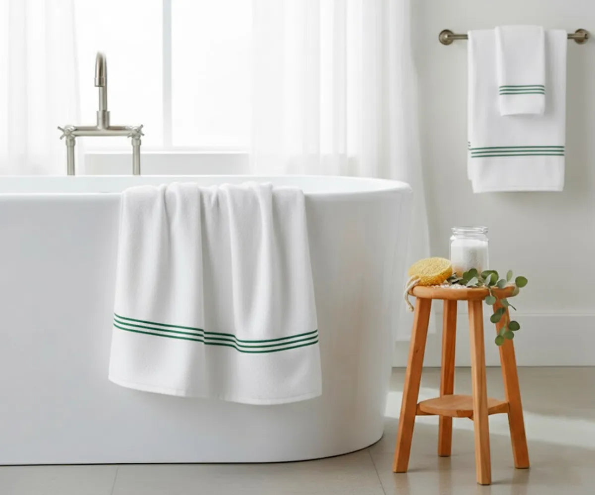 Soft white cotton bath towel with green stripe detailing, 30x58" (820 GSM), plush and quick-drying — premium towel for stylish and comfortable bathroom décor.