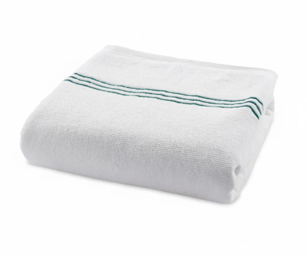 Elegant white bath towel with green embroidered stripes, crafted from high-quality cotton for exceptional softness, absorbency, and long-lasting durability.