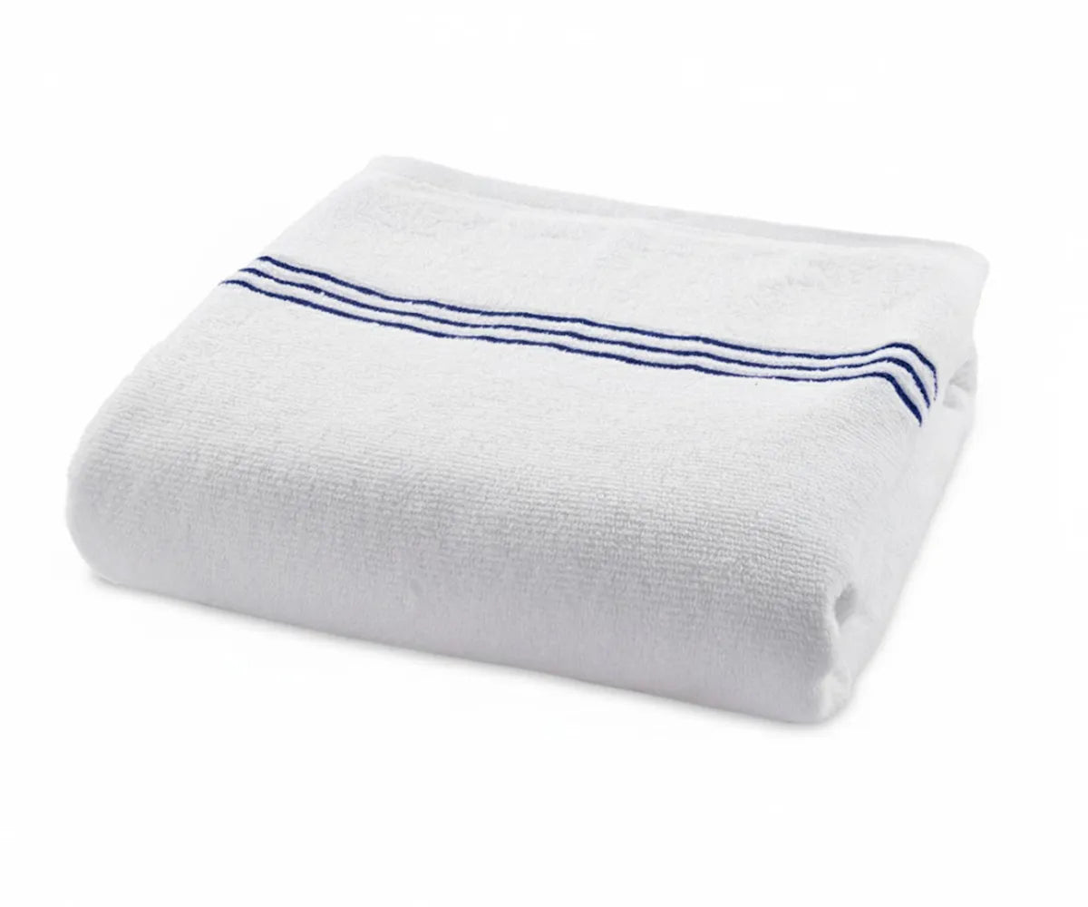 Premium cotton bath towel featuring a white base with sophisticated navy blue embroidered stripes, ultra-soft, quick-drying, and perfect for everyday luxury.