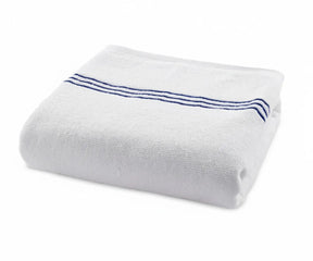 Premium cotton bath towel featuring a white base with sophisticated navy blue embroidered stripes, ultra-soft, quick-drying, and perfect for everyday luxury.