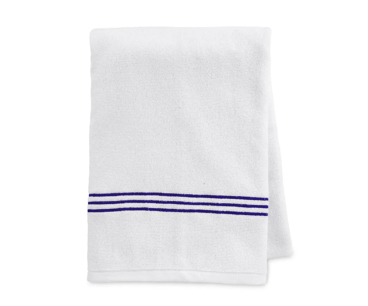 Elegant royal blue and white striped towel with fine embroidery, made from soft and absorbent 100% cotton, machine washable and designed to retain color and texture.