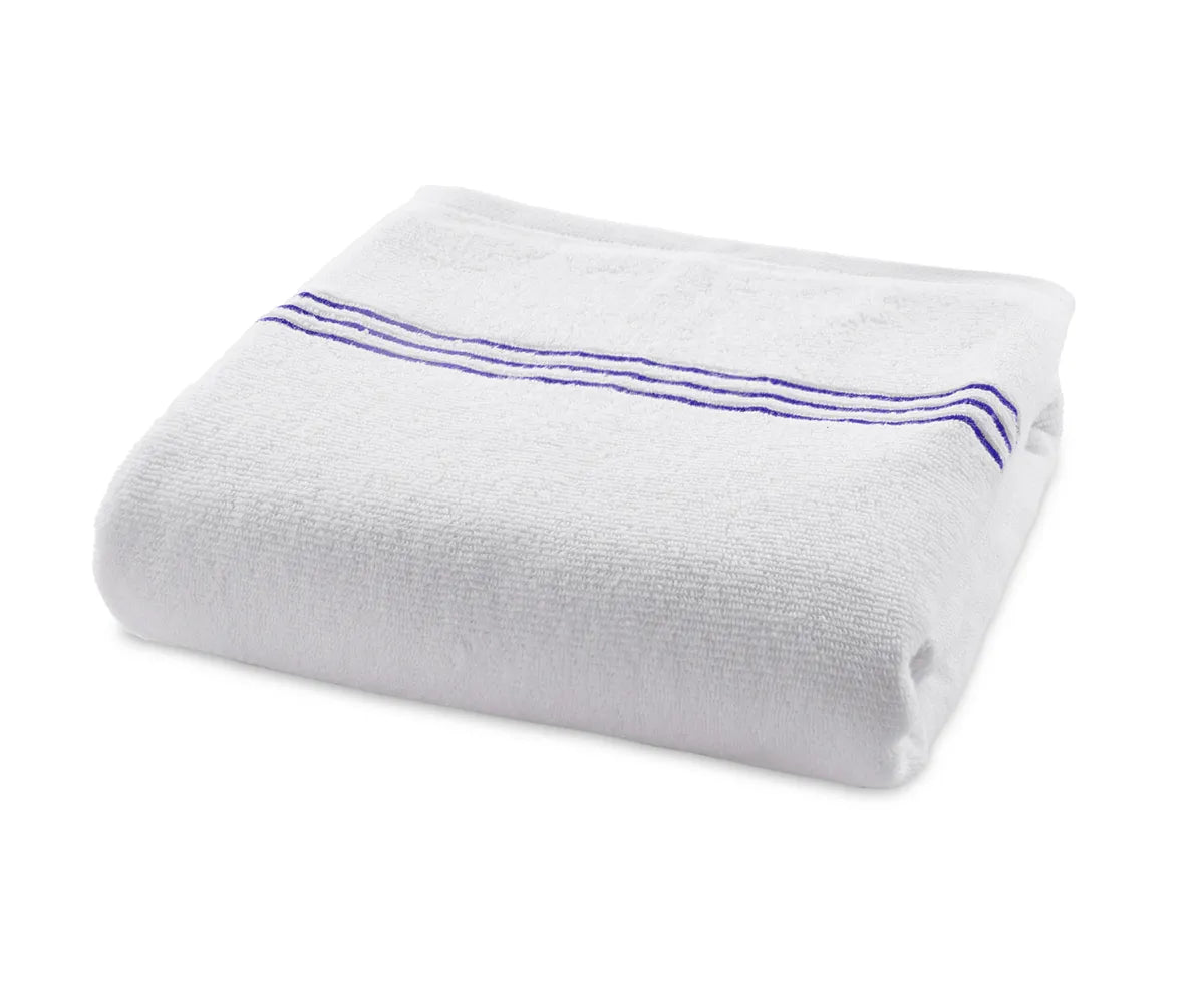 High-quality striped bath towel in crisp white with royal blue embroidery, crafted from 100% cotton for superior softness, absorbency, and long-lasting comfort.