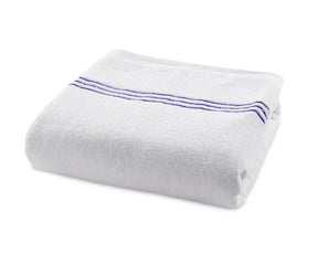 High-quality striped bath towel in crisp white with royal blue embroidery, crafted from 100% cotton for superior softness, absorbency, and long-lasting comfort.