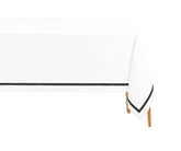 Black satin rectangle cotton tablecloth on a dining table with black and white napkins