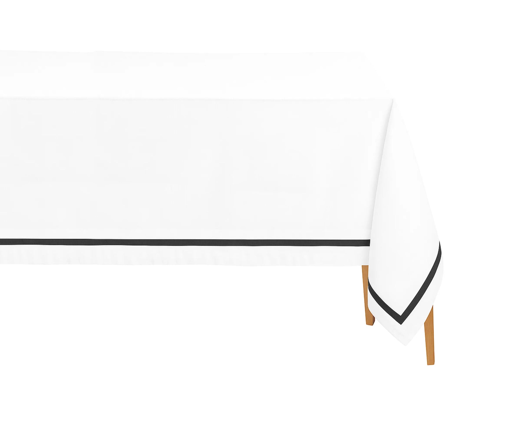 Black satin rectangle cotton tablecloth on a dining table with black and white napkins