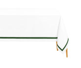 Green rectangle cotton tablecloth on dining table with neutral dinnerware