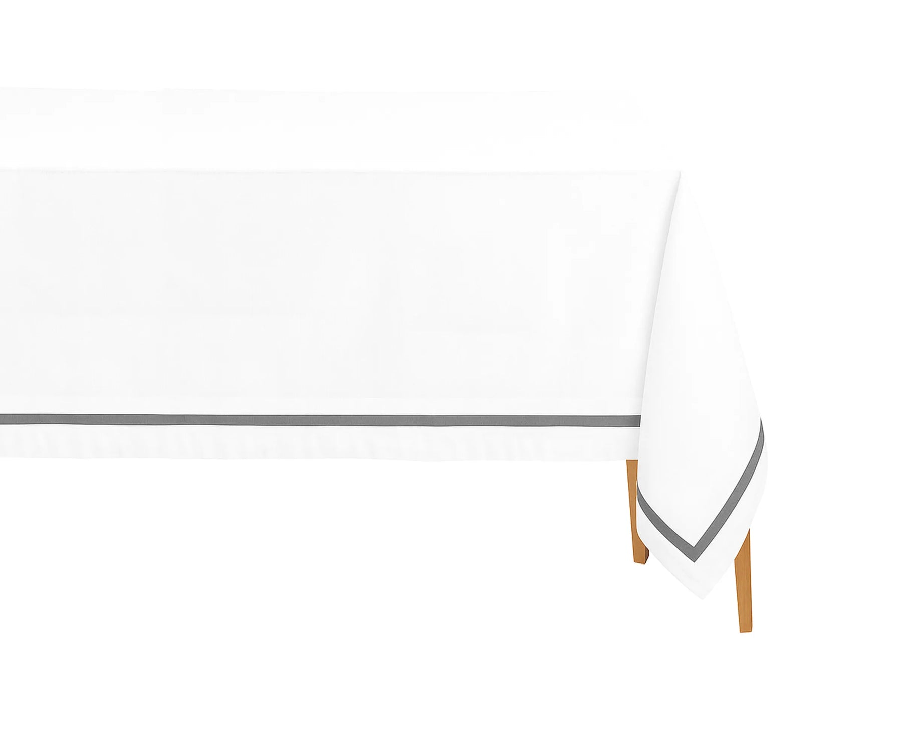 White rectangle cotton tablecloth with grey satin finish on dining table, styled for wedding décor.