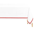 Red satin border rectangle cotton tablecloth on a dining table with white dinnerware