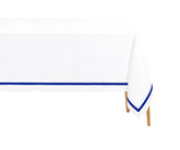 Royal blue satin border rectangle cotton tablecloth on a white dining table, perfect for weddings and special events.