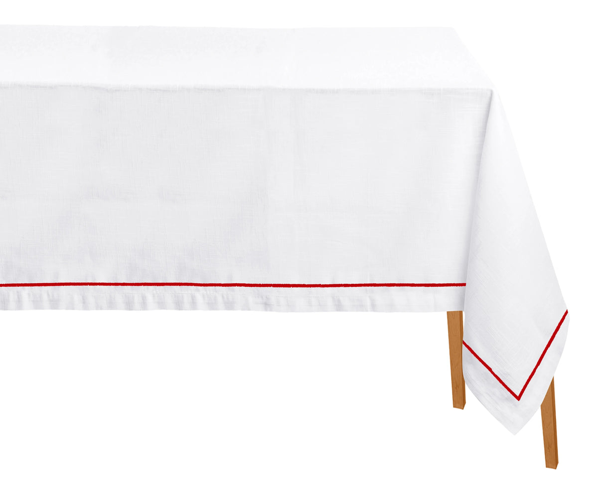 Red embroidered cotton rectangle tablecloth with white detailing – 100% cotton dining table cloth