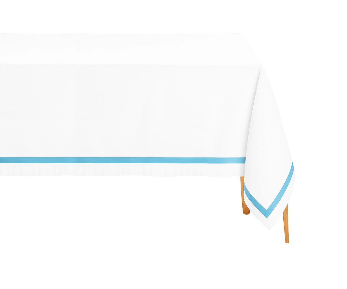Elegant light blue satin-edged tablecloth for weddings, holidays, and family meals