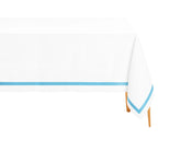 Elegant light blue satin-edged tablecloth for weddings, holidays, and family meals