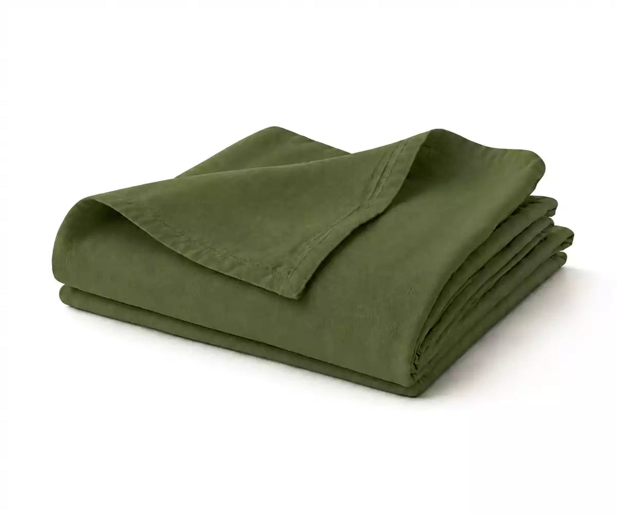 Olive green linen flat sheet made from 100% breathable linen, lightweight natural bedding sheet for layering, comfortable sleep, and relaxed bedroom décor.