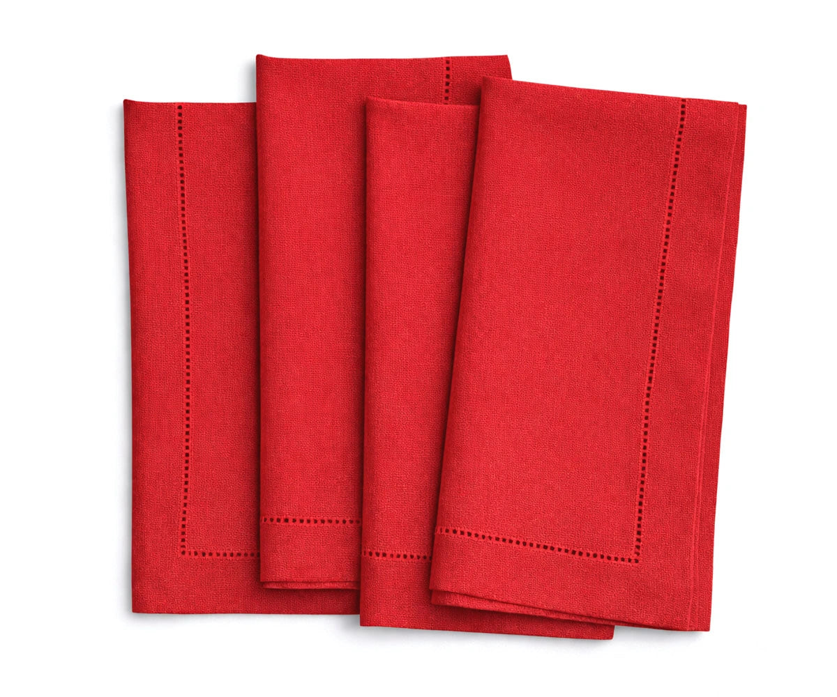 Red Linen cloth napkins with hemstitched detailing