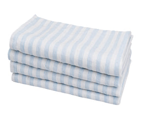 A pile of linen striped napkins in blue and white