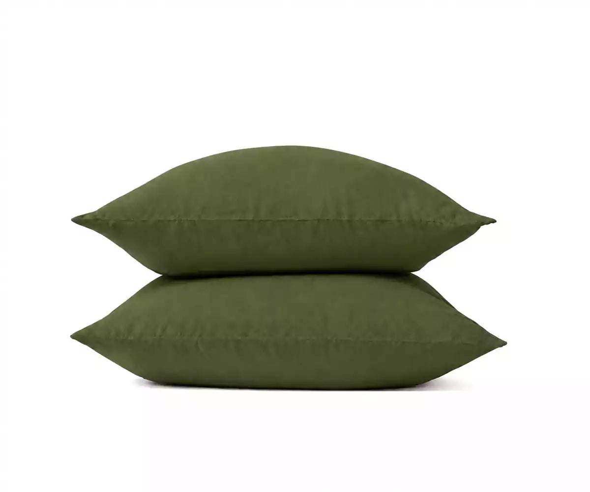 Olive green linen pillowcase made from 100% breathable linen, soft textured natural bedding for a relaxed bedroom and comfortable everyday sleep.
