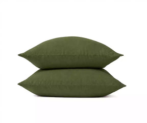 Olive green linen pillowcase made from 100% breathable linen, soft textured natural bedding for a relaxed bedroom and comfortable everyday sleep.