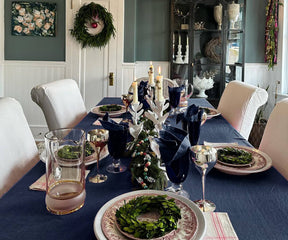 Navy blue tablecloth for a nautical-inspired theme or a classic look.