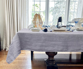 Gray tablecloth evoking a sense of sophistication and charm.