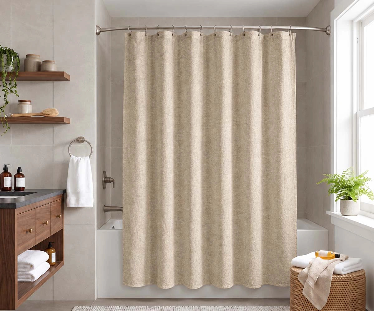 Beige linen shower curtain for bathroom, natural linen fabric
Beige linen bathroom curtain with soft texture and timeless style