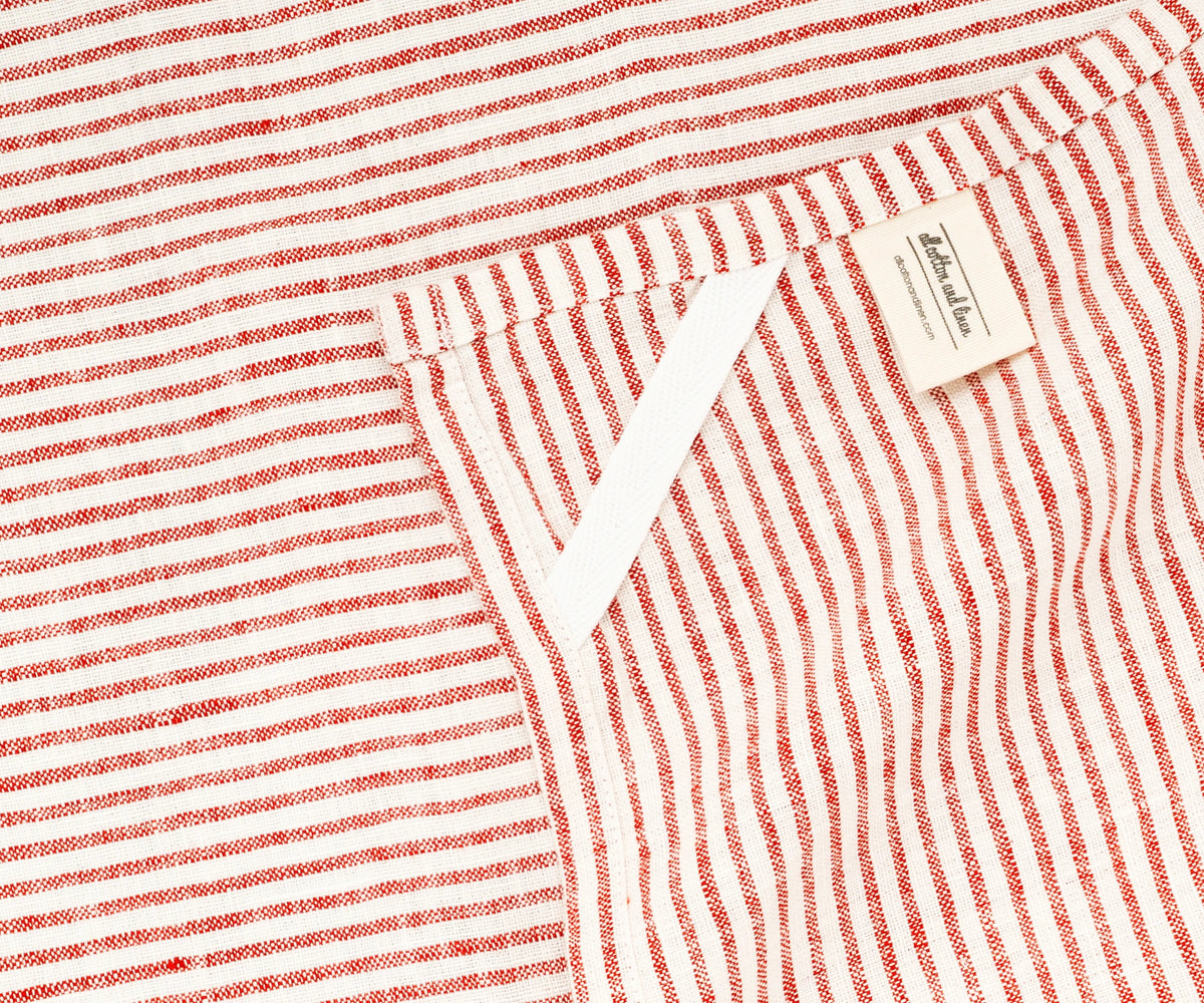 Close-up of 100% pure linen tea towel with classic red stripes