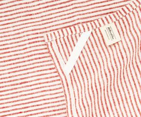 Close-up of 100% pure linen tea towel with classic red stripes