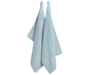 Set of 6 blue striped linen dish towels folded neatly on a kitchen counter