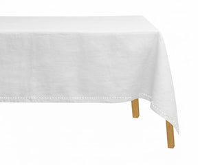 Elegant white linen hemstitch tablecloth for dining table décor