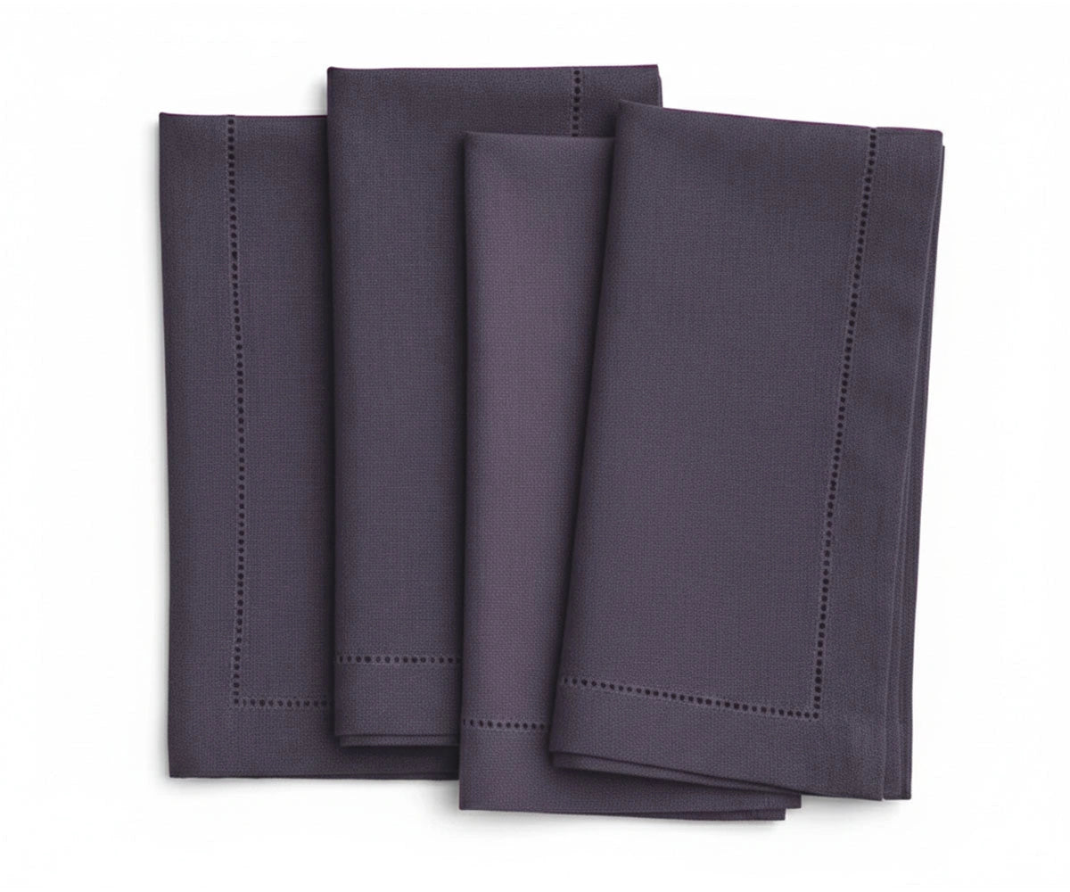 Dark violet hemstitched linen napkins set, luxury reusable dinner napkins for formal events, weddings and holiday tables