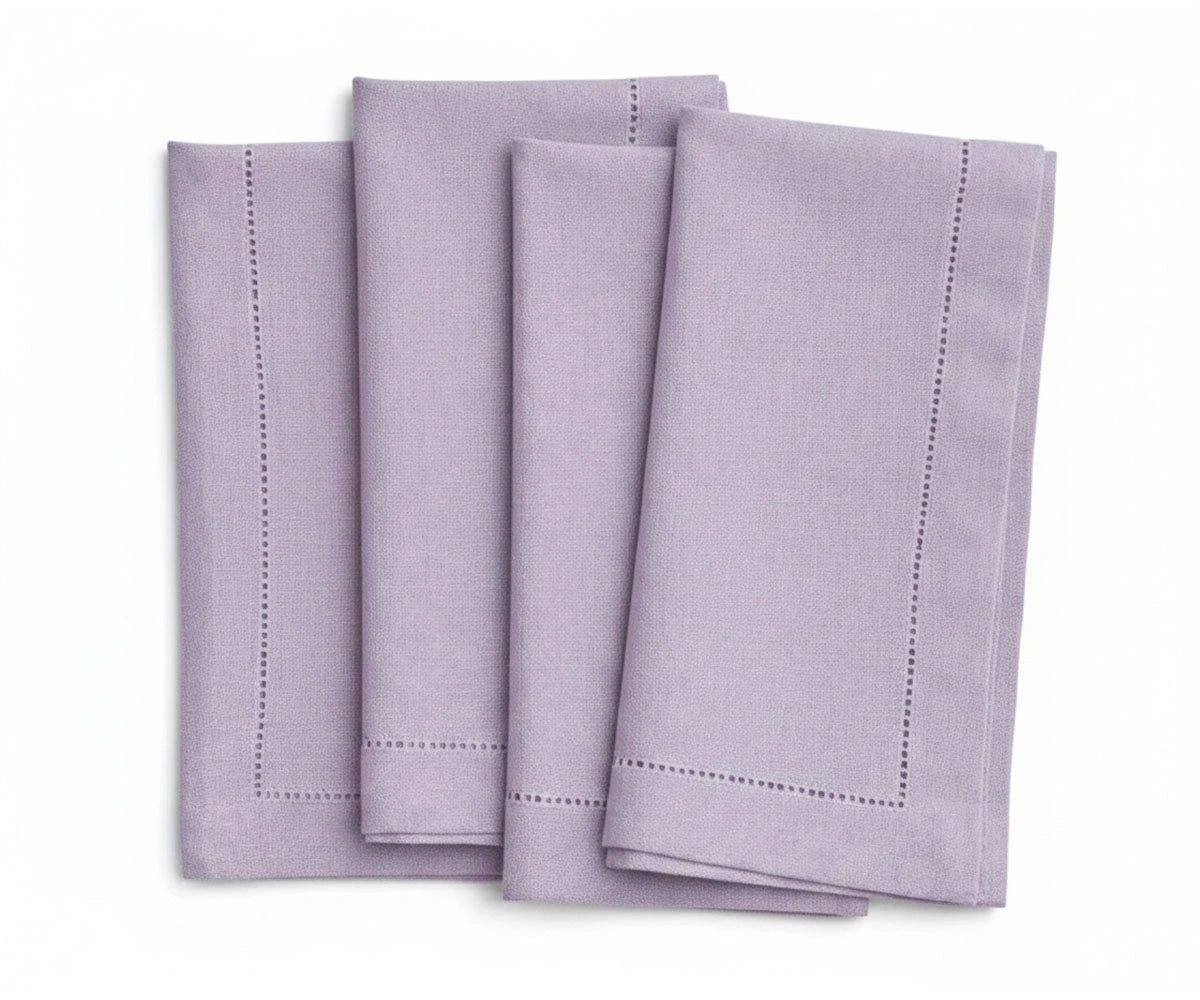 Pale violet hemstitched linen napkins, pastel reusable cloth napkins for spring wedding table decor and elegant dining