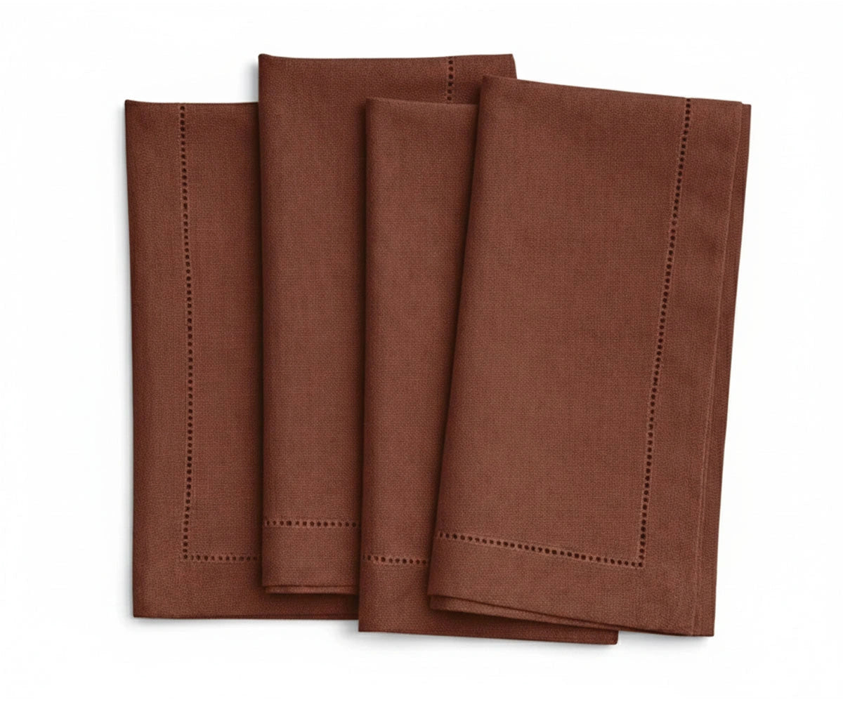 Mocha taupe hemstitched linen napkins, neutral reusable cloth napkins for farmhouse table decor and wedding reception